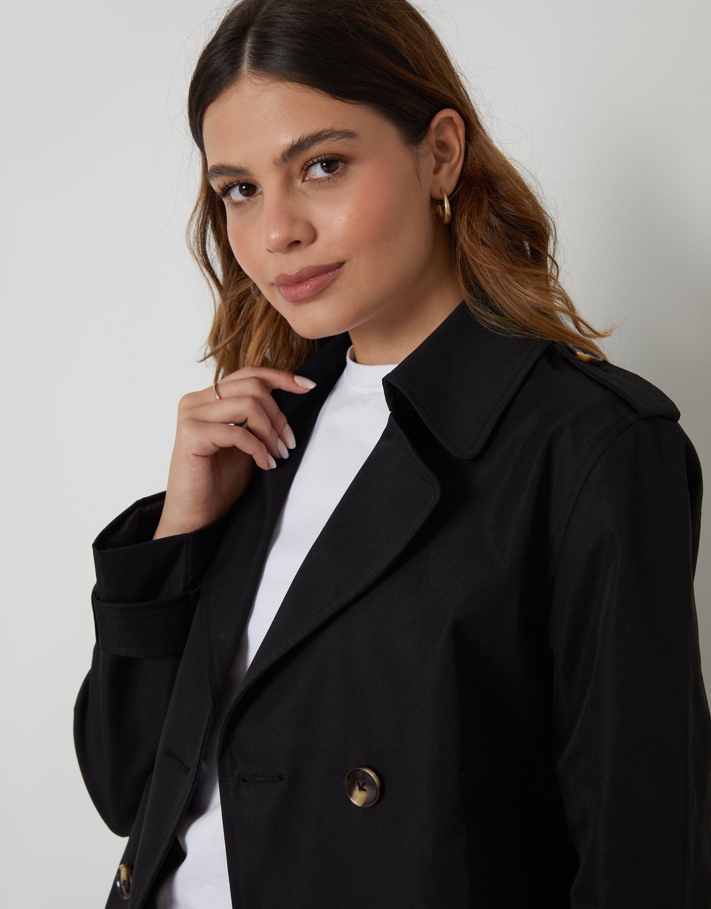 Women's Black Double Breasted Cropped Trench Coat