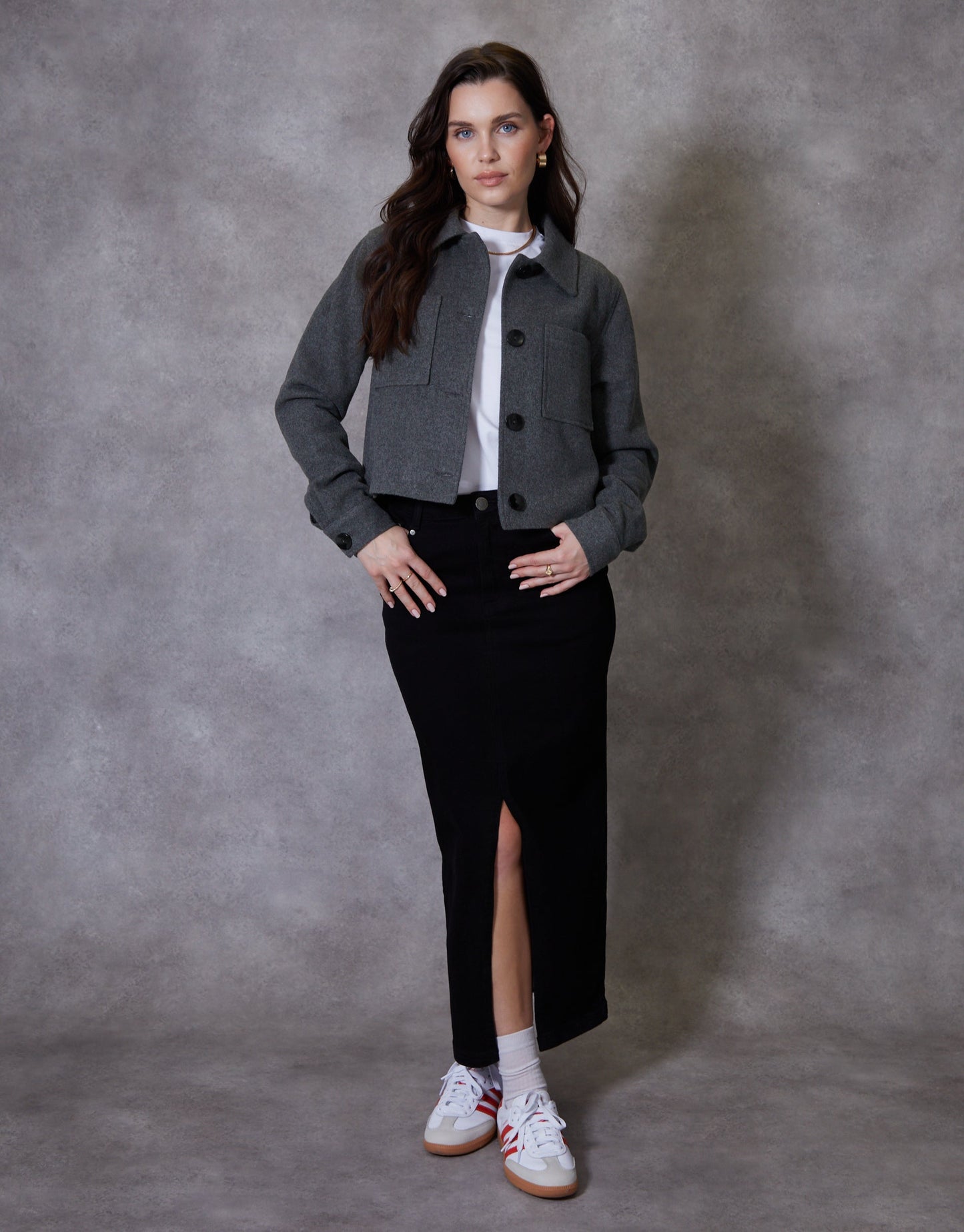 Women's Charcoal Cropped Brushed Shacket