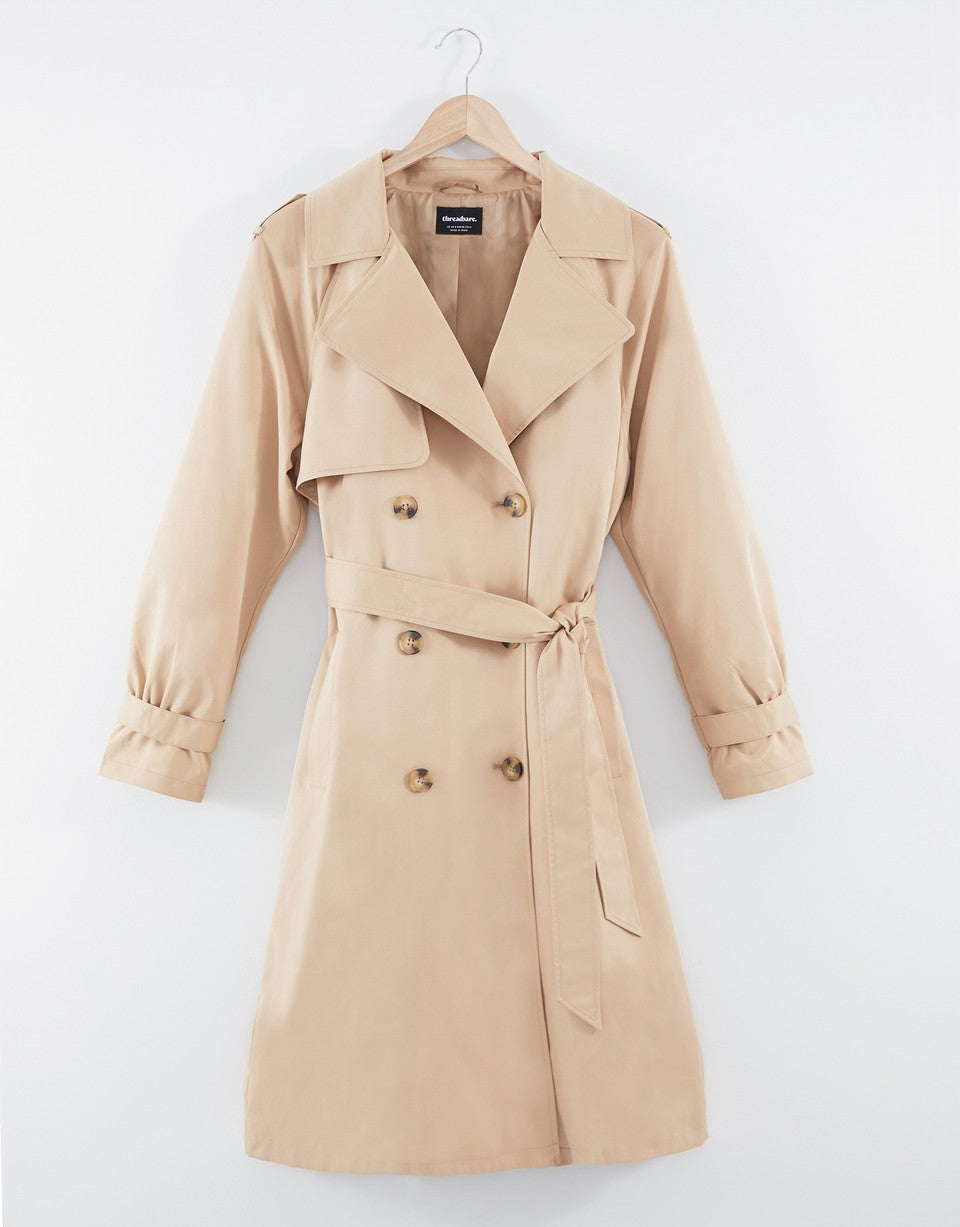 Women's Stone Double Breasted Trench Coat