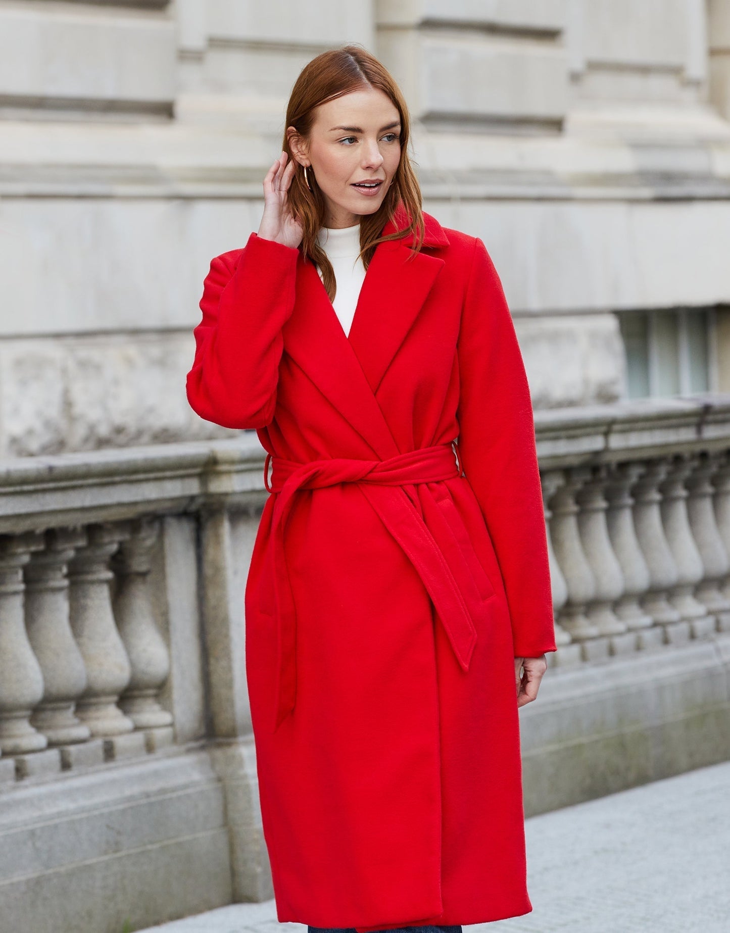 Women's Red Collared Belted Formal Coat